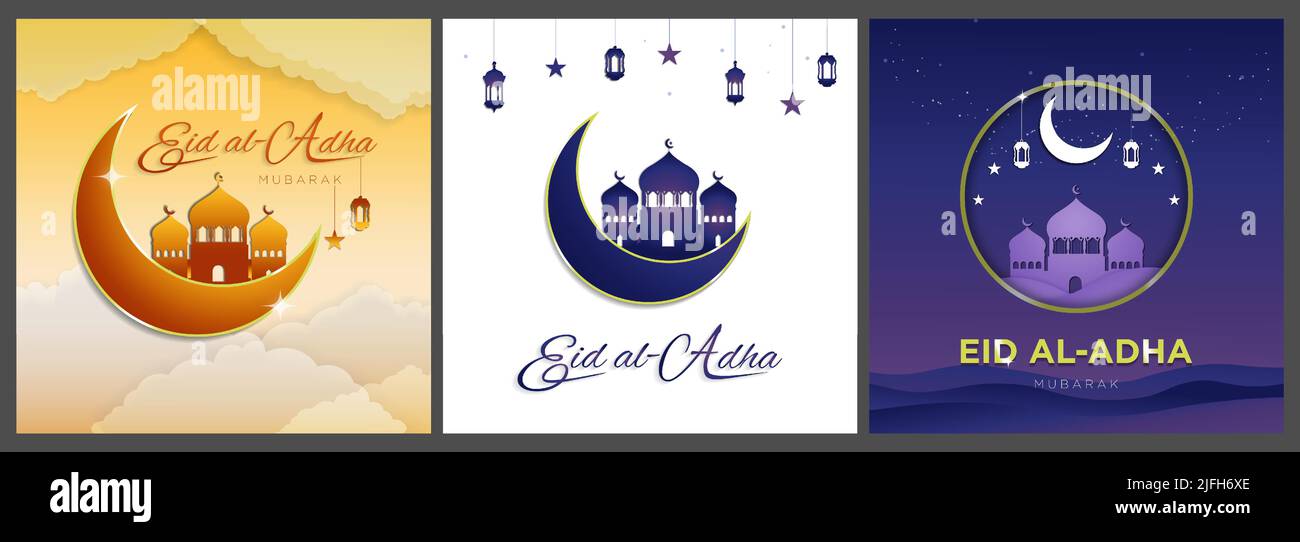 Ensemble de cartes de vœux Eid al Adha. Illustrations vectorielles en papier découpé. Silhouette de la lune, de la lanterne et de la mosquée du croissant sur fond dégradé. Illustration de Vecteur