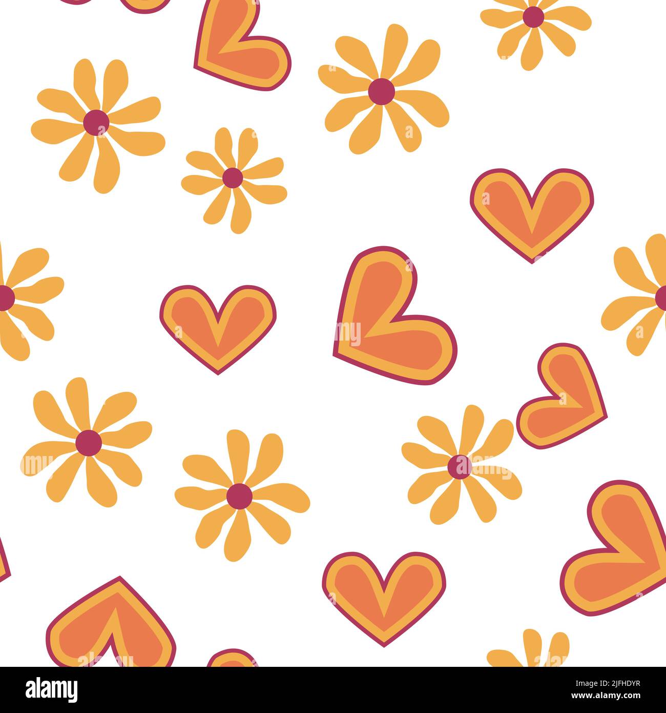 Coeur d'amour, pâquerettes, vagues de positivité rétro 70s sans coutures. Formes de coeur dispersées jaune, orange, rouge sur fond tourbillonnant. Cool, groovy Illustration de Vecteur