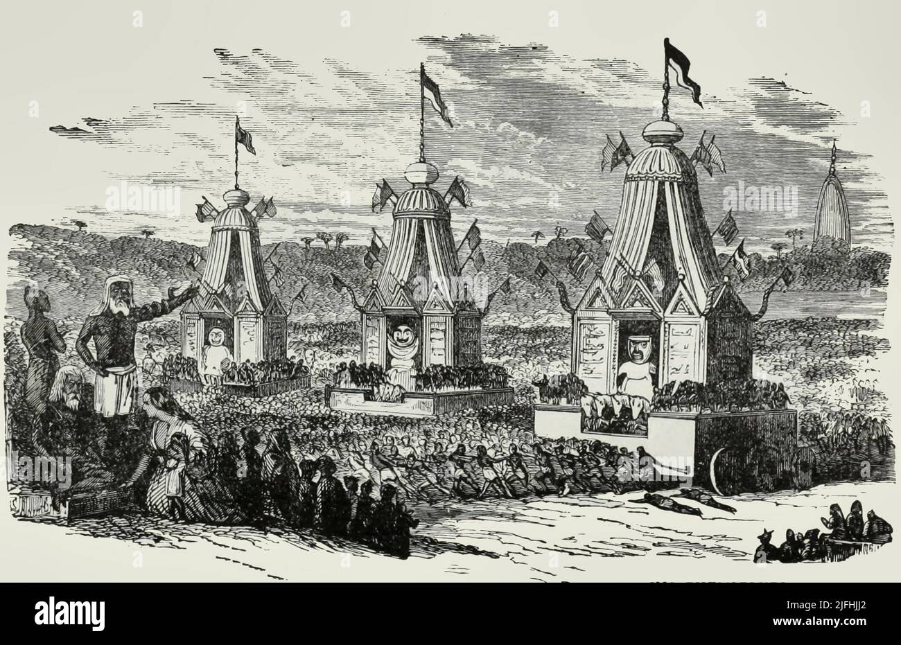 Les dévots hindous traînent la voiture de Juggernaut et s'immolent Banque D'Images