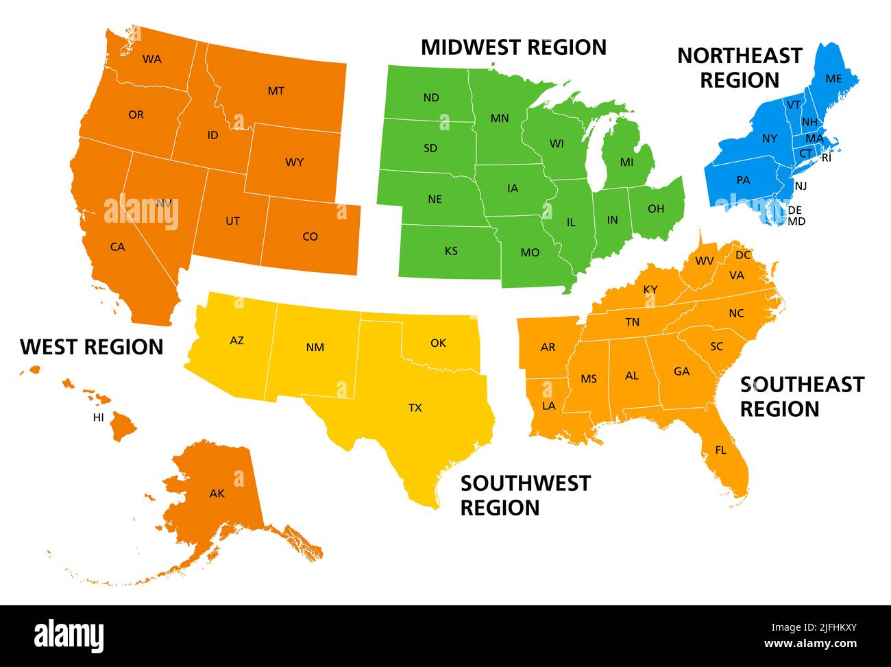 Etats-Unis, régions géographiques, carte politique colorée. Cinq régions, selon leur position géographique sur le continent. Banque D'Images