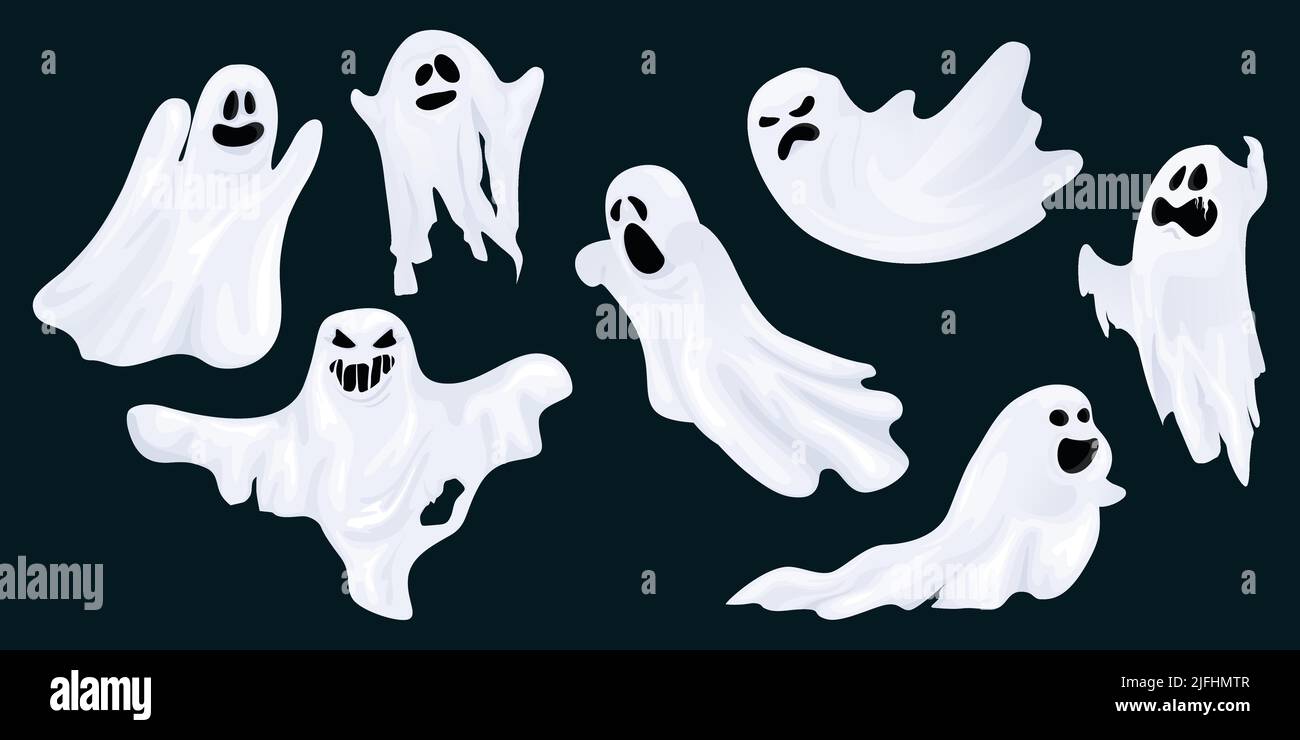 Jeu de personnages d'horreur effrayés par les fantômes. Joli cache-cache amusant, motif Halloween à motif feuilles fantômes. Illustration vectorielle isolée. Illustration de Vecteur