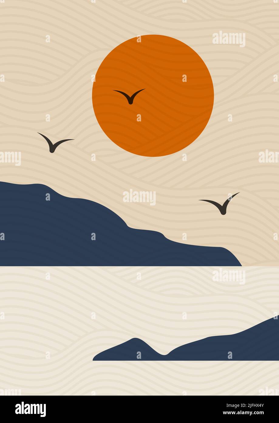 Illustration de l'affiche paysage japonais. Montagne et lac Illustration de Vecteur