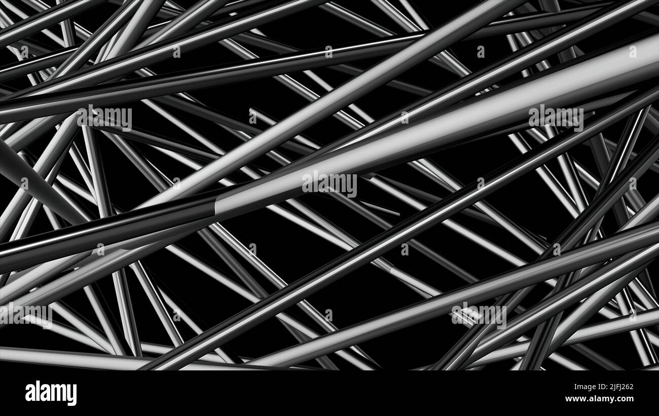 Arrière-plan argenté métallisé avec bandes droites enchevêtrées sur un arrière-plan noir. Mouvement. Tube à mouvement lent comme des lignes, monochrome. Banque D'Images