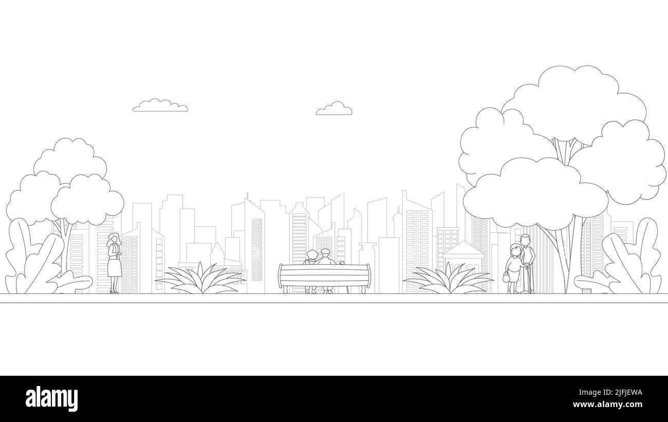 Gens, horizon de la ville en style art de ligne - paysage avec maisons, arbres et nuages. Illustration vectorielle isolée d'un magnifique paysage urbain pour l'immobilier Illustration de Vecteur