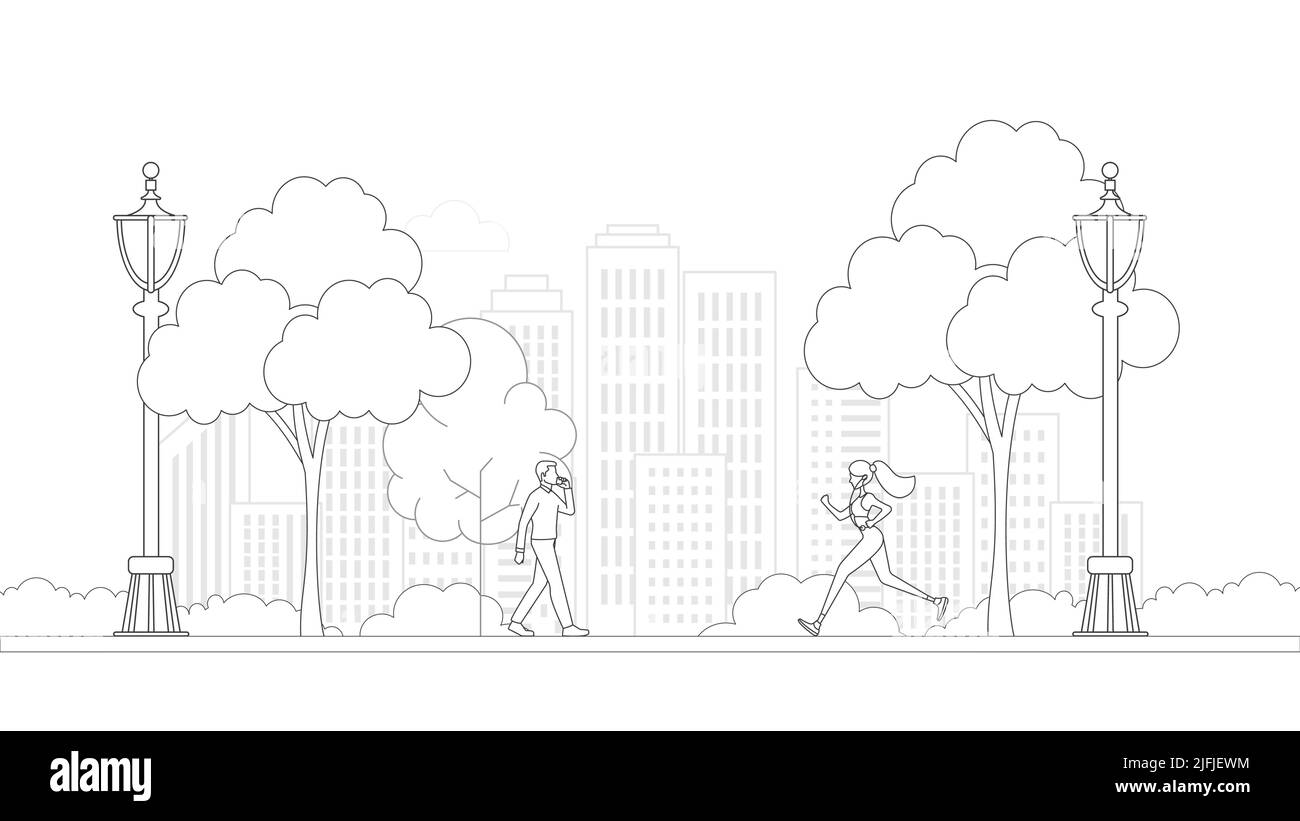 Gens, horizon de la ville en style art de ligne - paysage avec maisons, arbres et nuages. Illustration vectorielle isolée d'un magnifique paysage urbain pour l'immobilier Illustration de Vecteur