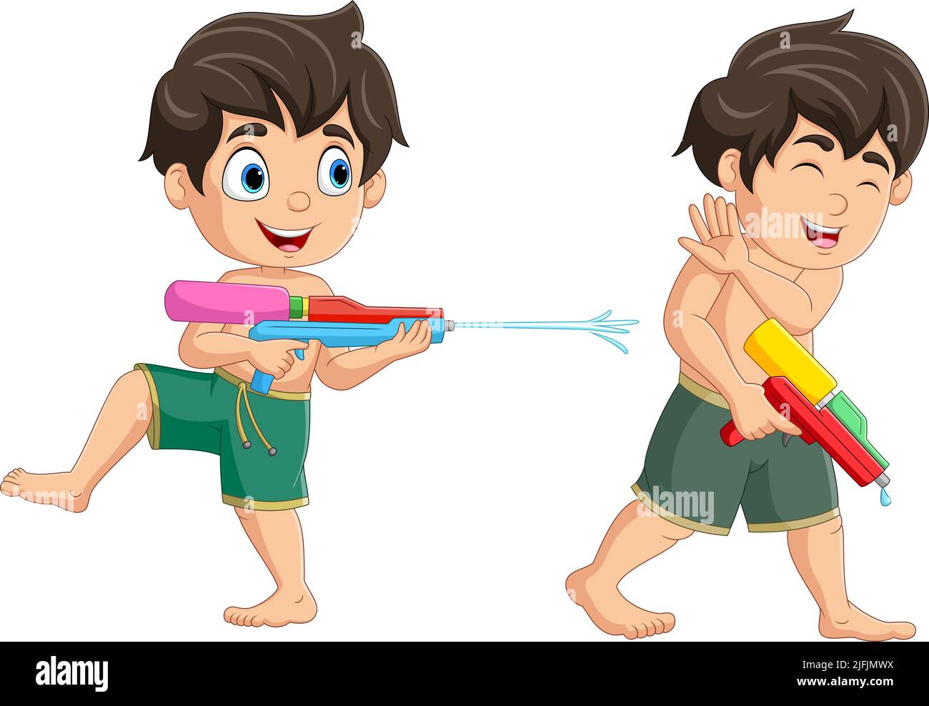 Deux adorables dessins animés pour enfants jouant au pistolet à eau Illustration de Vecteur