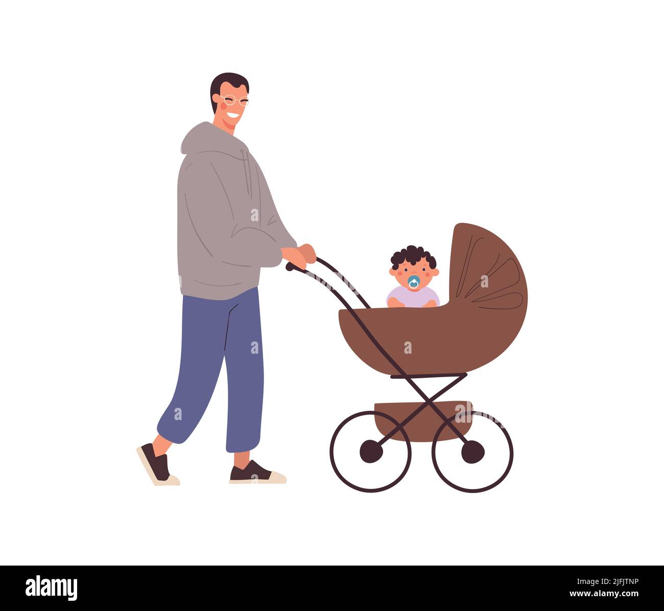 Un jeune papa marche avec un nouveau-né dans une poussette. Un homme bagarre son fils, paternité, congé et garde d'enfants, congé de maternité. Dessin animé vectoriel plat i Illustration de Vecteur