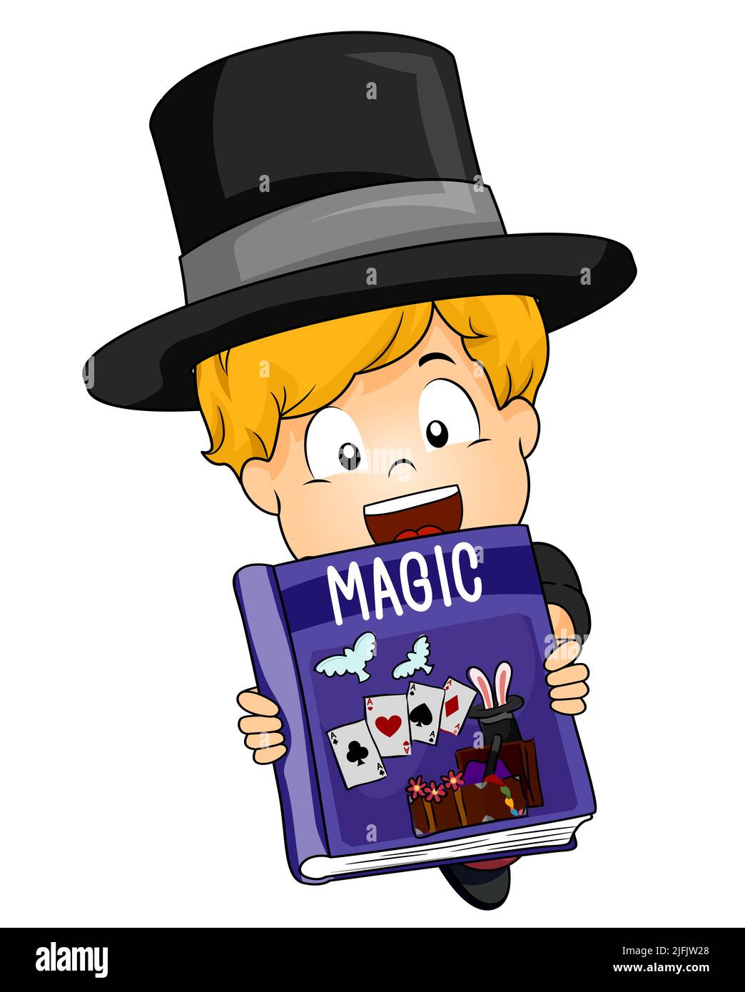 Illustration d'un garçon Magicien portant un chapeau de dessus, tenant et montrant Un livre magique avec des cartes, des oreilles d'oiseau et de lapin sur la couverture Banque D'Images