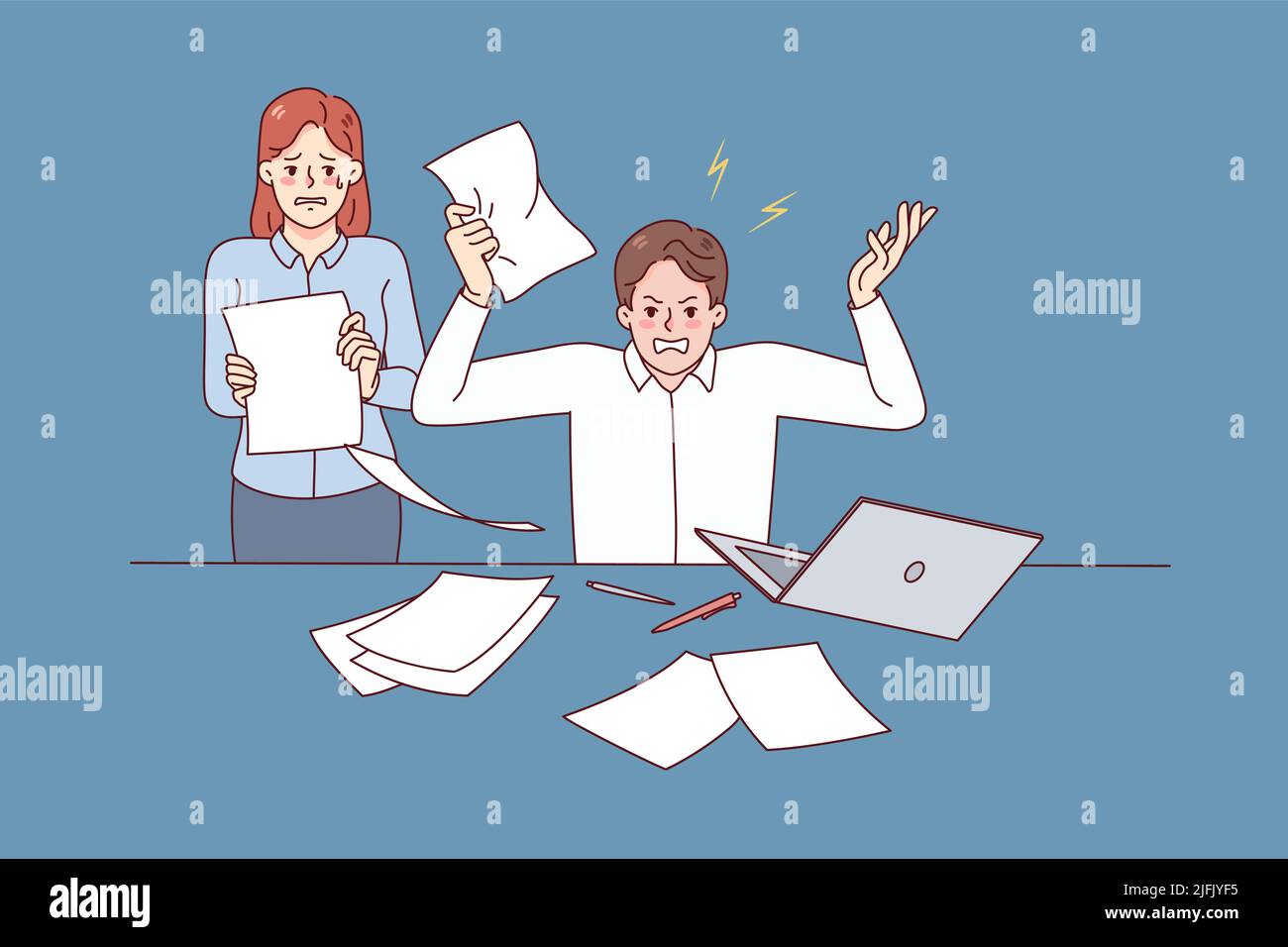 Un patron furieux hurle à donner des leçons à une femme secrétaire effronée au pouvoir. Un homme d'affaires a insisté sur le lieu de travail en colant un employé qui jette des papiers. Illustration vectorielle. Illustration de Vecteur