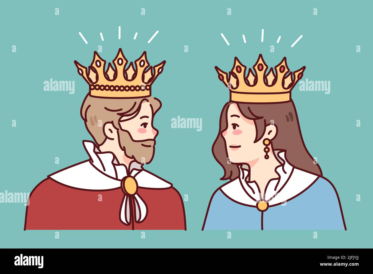 Un roi et une reine dans les bouilloires et les couronnes se regardent l'un l'autre. Membres de la famille royale en peignoirs. Royauté et monarchie. Illustration vectorielle. Illustration de Vecteur