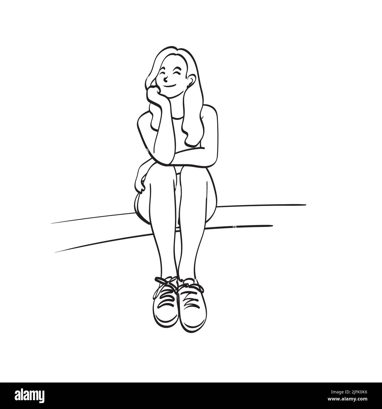 line art souriant femme avec de longs cheveux assis avec la main touchant le menton illustration vecteur main dessinée isolée sur fond blanc Illustration de Vecteur