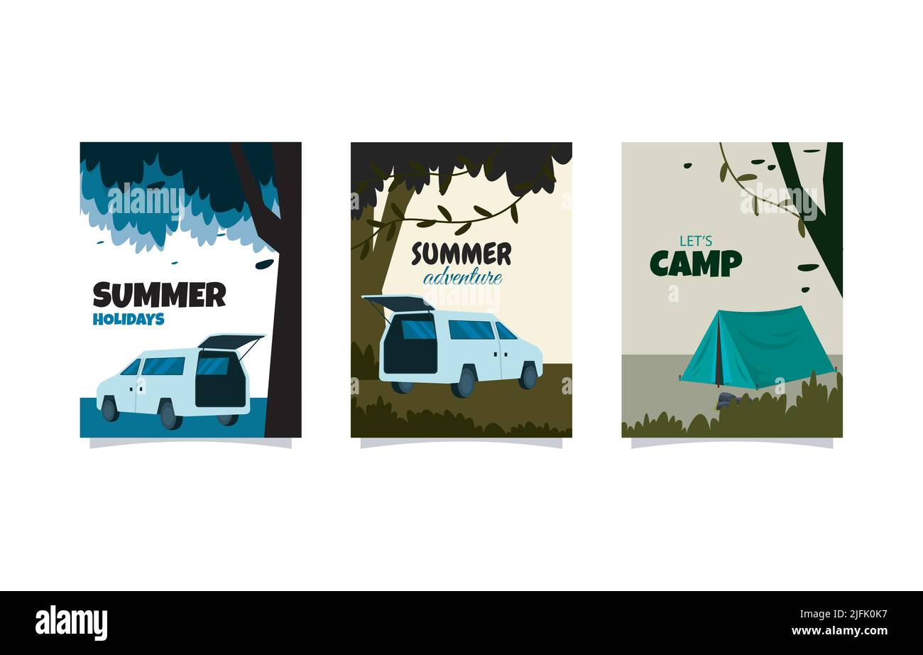 Modèle de carte d'aventure en plein air tente de camping à l'heure d'été Illustration de Vecteur