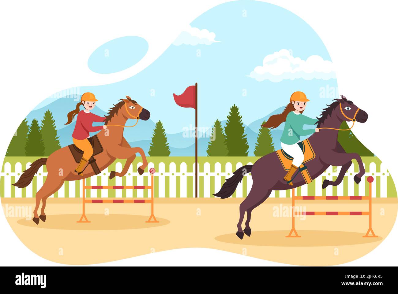 Dessin de la course de chevaux Illustration avec des personnages personnes faisant des championnats de compétition ou des sports équestres dans l'hippodrome Illustration de Vecteur