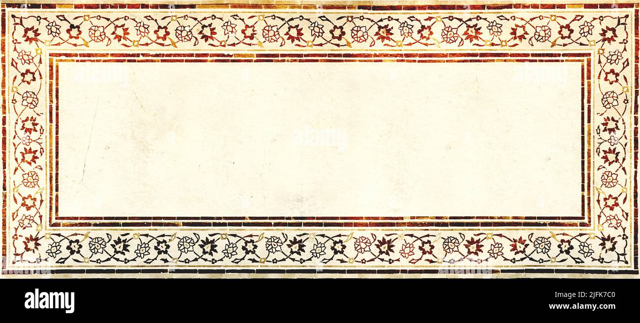 Banderole horizontale grunge avec la texture du vieux papier et le détail de la mosaïque persane traditionnelle géométrique et décoration florale, Iran. Modèle de maquette. Copie s Banque D'Images