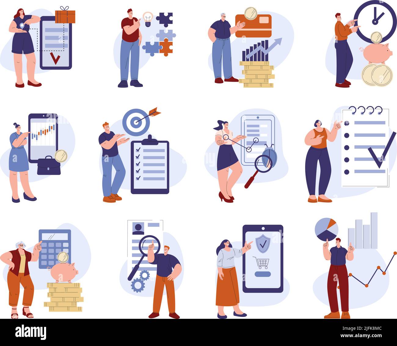 Le personnel d'affaires pointe sur la gestion du temps et les éléments financiers. Comptabilité, homme femme indiquer les directives à la liste de vérification, à la date limite ou au magasin. Kicky Smart Illustration de Vecteur