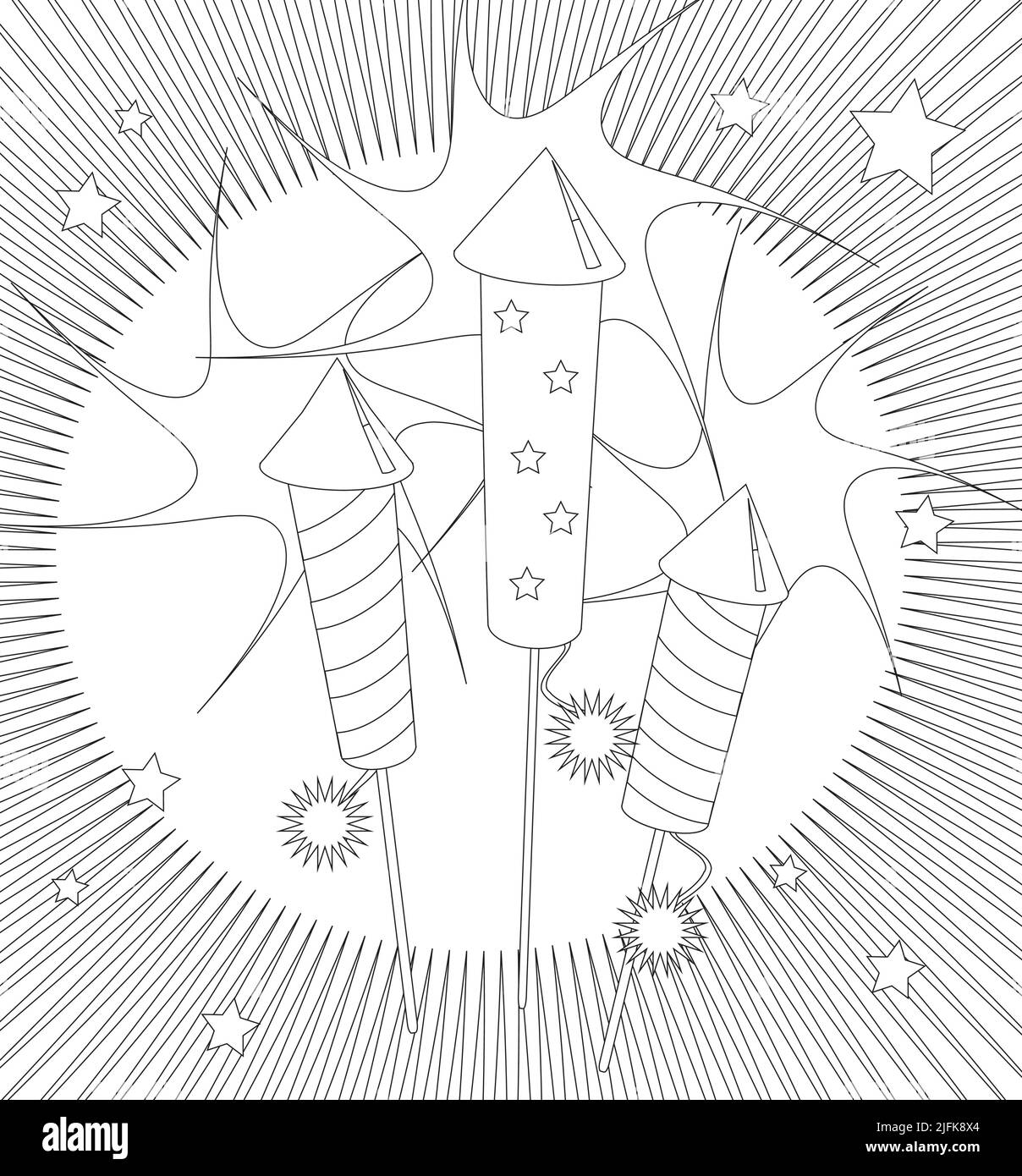 Page de coloriage feux d'artifice. Feuille d'activité pour les enfants adaptée aux pages à colorier imprimables, aux invitations de fête ou aux cartes artisanales. Vecteur EPS10 pour Illustration de Vecteur