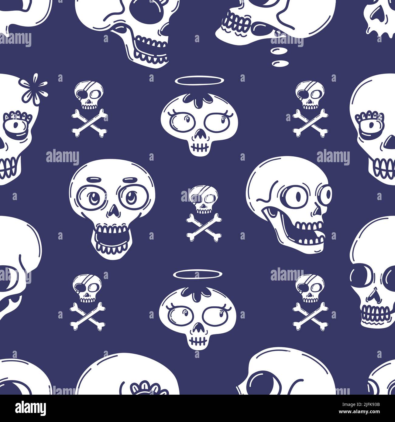 Crâne sans couture motif doodle crânes fond gothique, mexique Dead day Carnival texture. Tête de sucre comique, imprimé vectoriel néoclassique squelette d'halloween Illustration de Vecteur