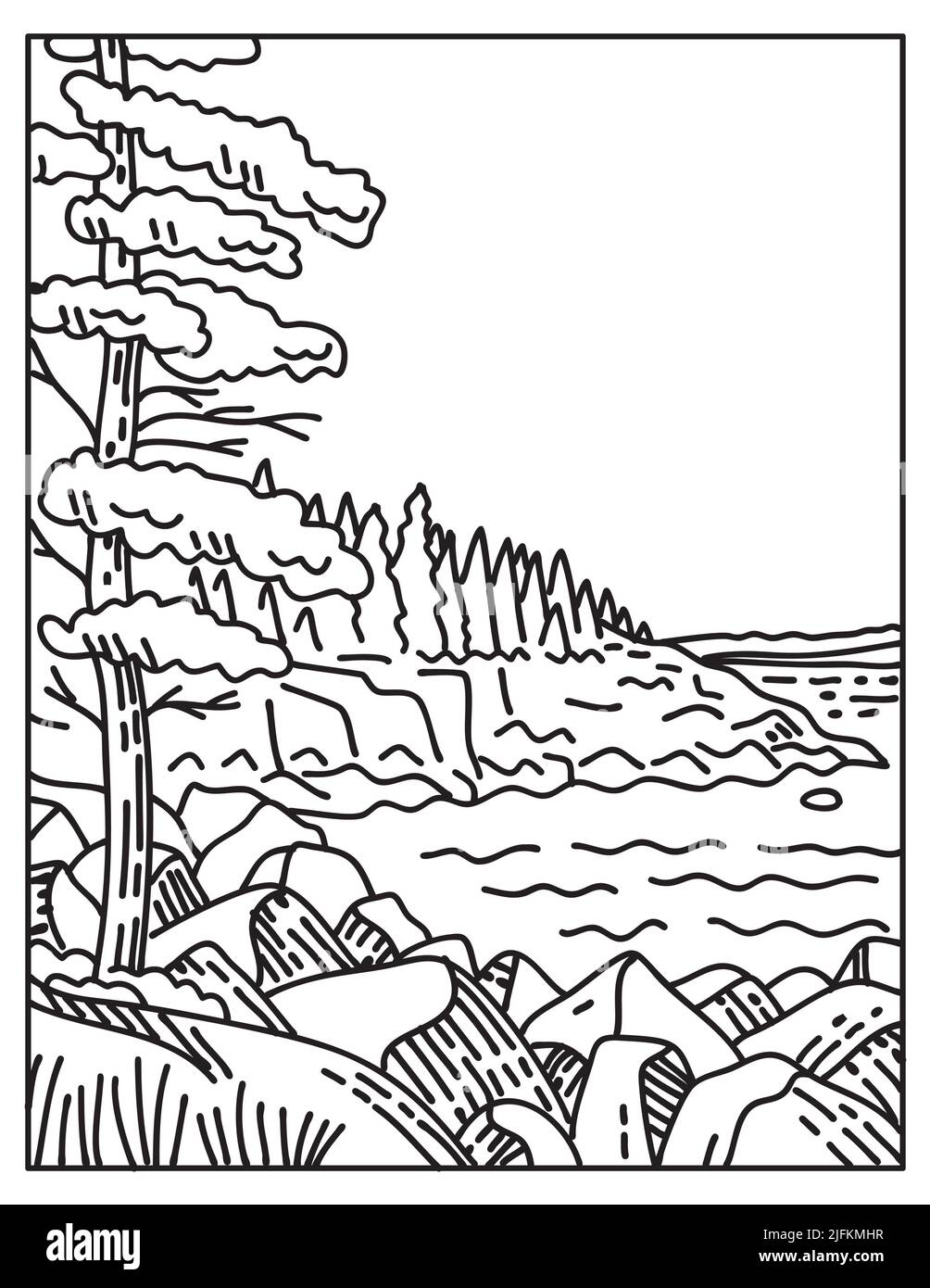 Illustration monoligne du parc national Acadia le long de la côte atlantique sur l'île Mount Desert située dans le Maine États-Unis d'Amérique fait en Banque D'Images