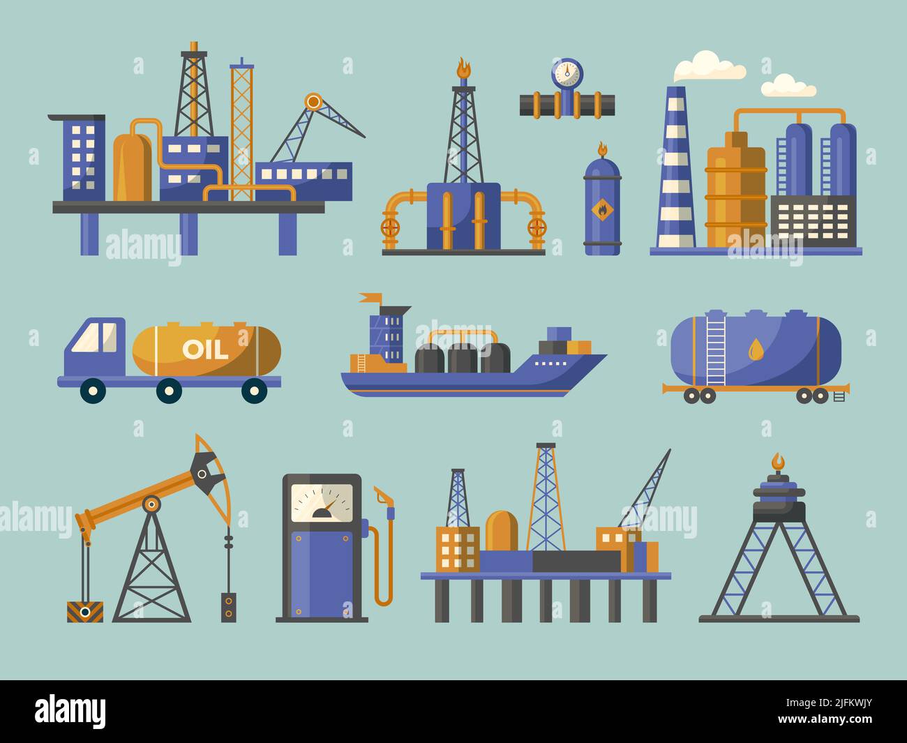 Industrie pétrolière. Gaz pétrole nature huile de tuyau industriel icônes techniques valves symboles récents vecteur plat Illustration de Vecteur