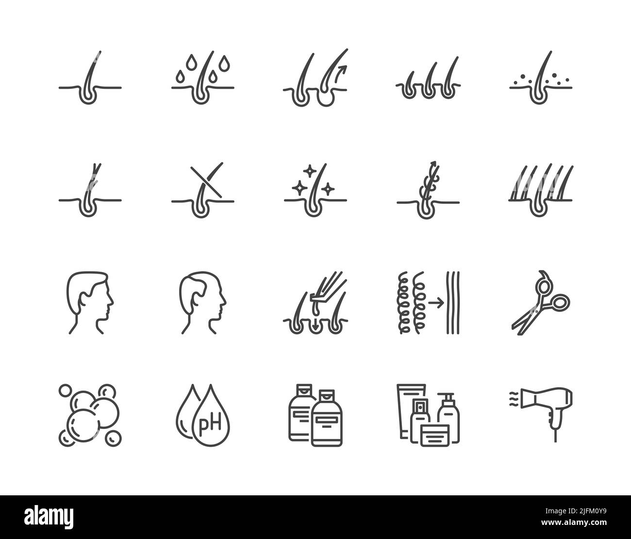 Ensemble d'icônes de traitement de perte de cheveux. Shampooing ph, pellicules, croissance des cheveux, kératine, bouteille d'après-shampooing illustrations vectorielles. Présenter les signes de beauté Illustration de Vecteur