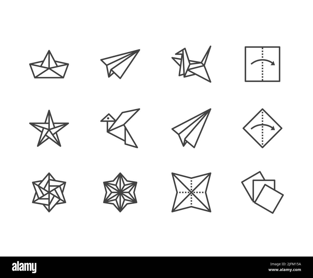 Jeu d'icônes de ligne plate Origami. Grues en papier, oiseaux, bateaux, illustrations vectorielles planes. Des signes fins pour le hobby créatif japonais. Pixel Perfect 64x64 Illustration de Vecteur