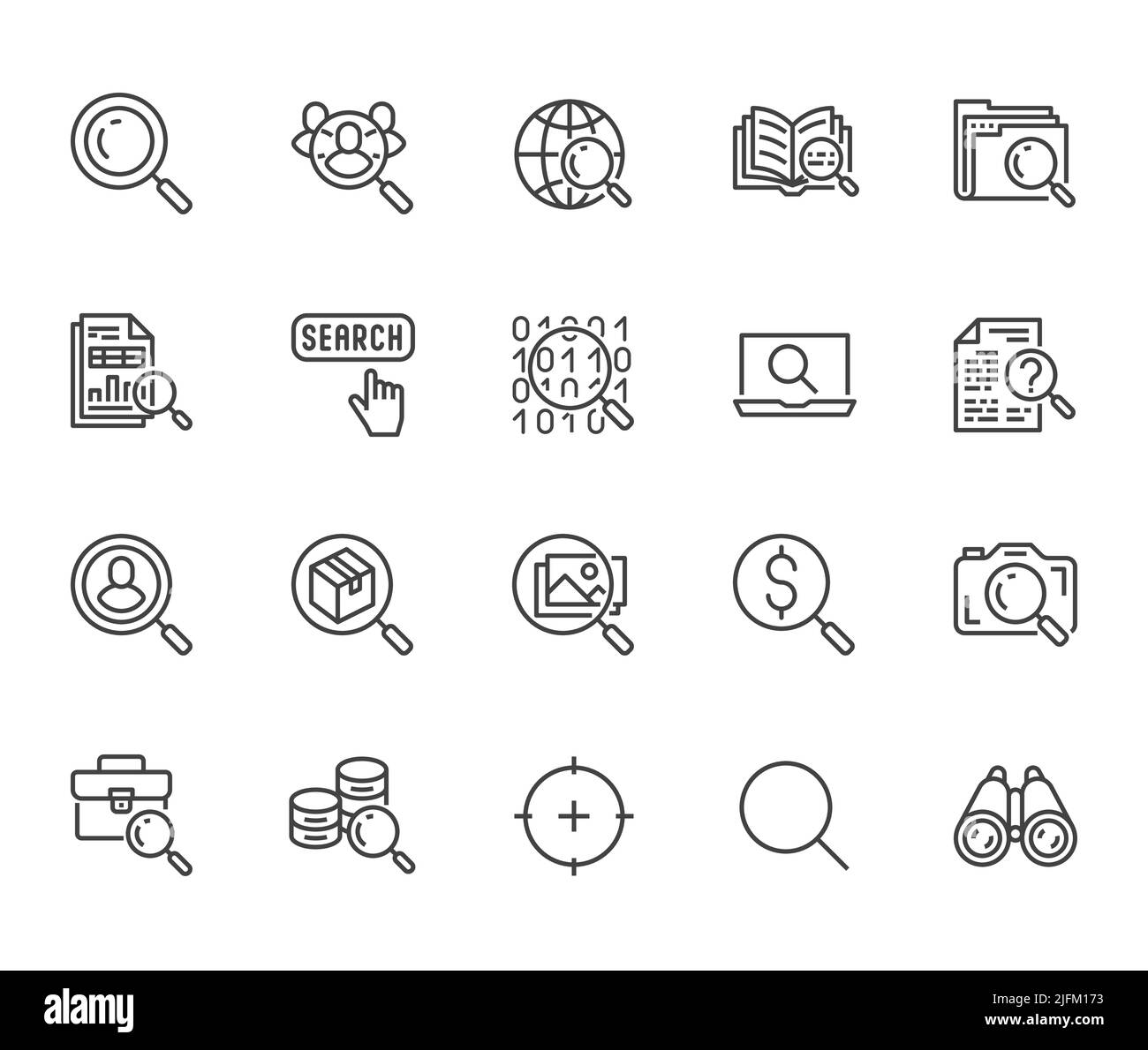 Ensemble d'icônes de recherche de données. Agrandir la vitre, trouver des personnes, zoom d'image, exploration de base de données, analyse des illustrations vectorielles. Des signes fins pour la toile Illustration de Vecteur
