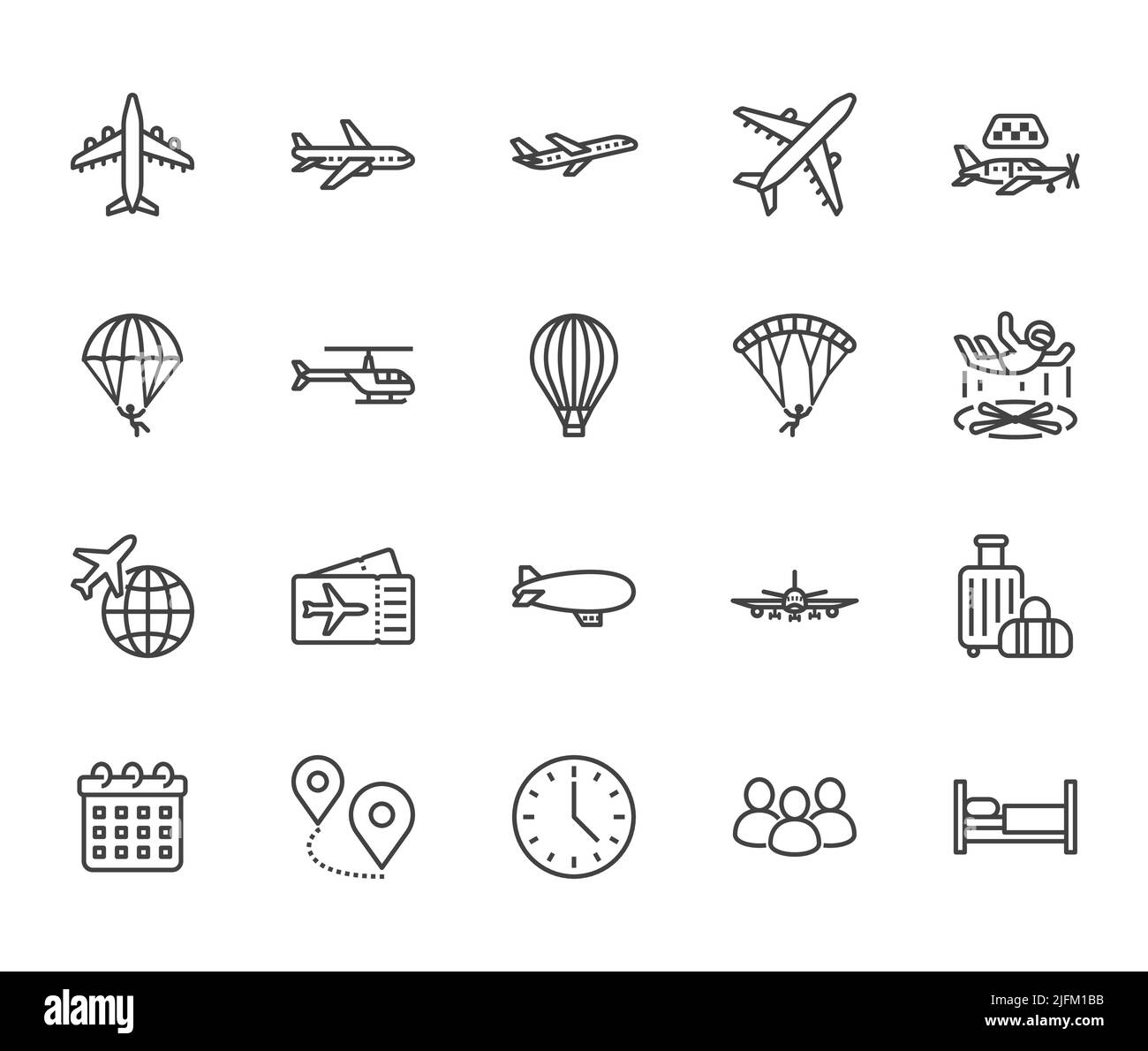 Icônes de ligne plate de l'avion définies. Avion, hélicoptère, taxi aérien, parachutisme, ballon, aero tube, illustration du vecteur de parapente. Signes minces pour le plan Illustration de Vecteur