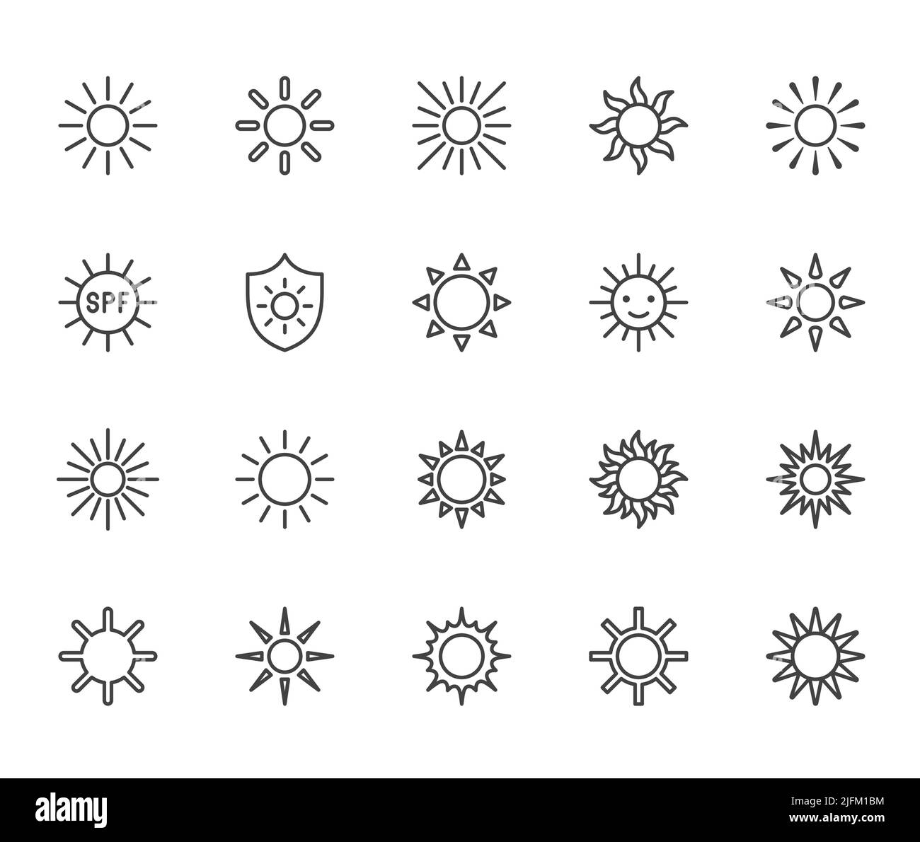 Jeu d'icônes plates Sun. Soleil, jour ensoleillé, chaleur d'été, lumière du soleil du matin, illustrations vectorielles de temps chaud. Présenter les panneaux de protection contre les uv. Pixel Illustration de Vecteur