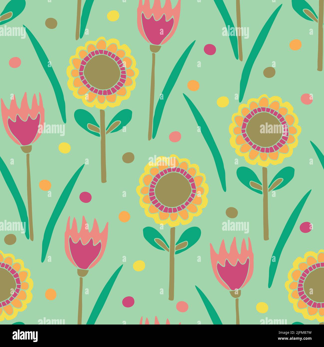 Motif vectoriel sans couture avec fleurs dessinées à la main sur fond vert. Papier peint fleuri d'été simple. Textile de mode décoratif pour enfants. Illustration de Vecteur