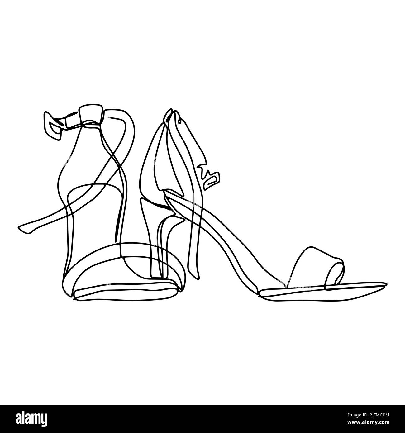 Chaussures femme dessin vectoriel. Sandales d'été pour femmes avec stilettos isolé de contour noir sur fond blanc. Chaussures de danse pour femmes Illustration de Vecteur