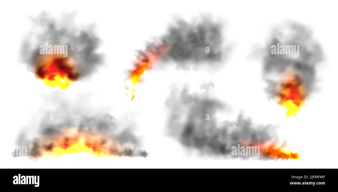 Fumée réaliste noire, nuages de poussière isolés sur fond blanc. Pollution par le smog ou le brouillard sale. Pollution de l'air, effet de brume. Fumée provenant d'un incendie ou d'une explosion Illustration de Vecteur