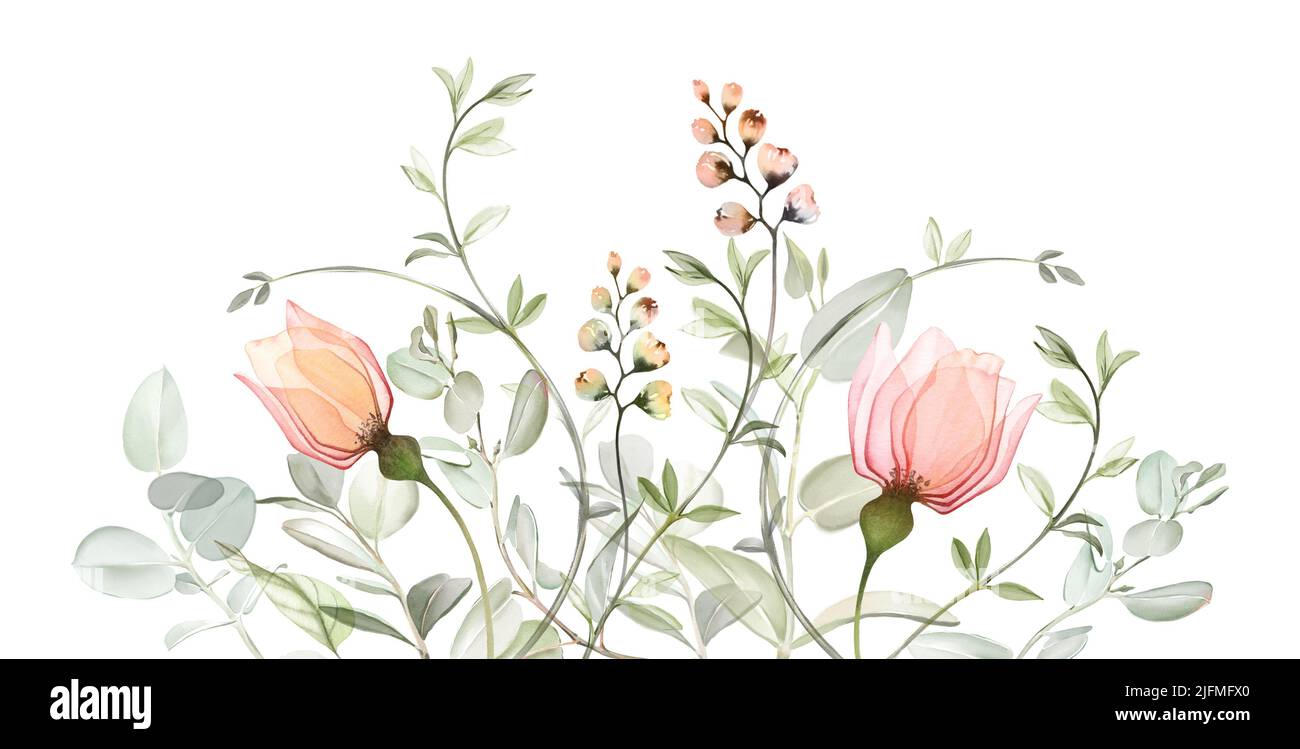 Aquarelle rose arrangement floral de fleurs de pêche, de bourgeons et de feuilles d'eucalyptus. Grande bordure horizontale. Illustration main transparente pour Banque D'Images