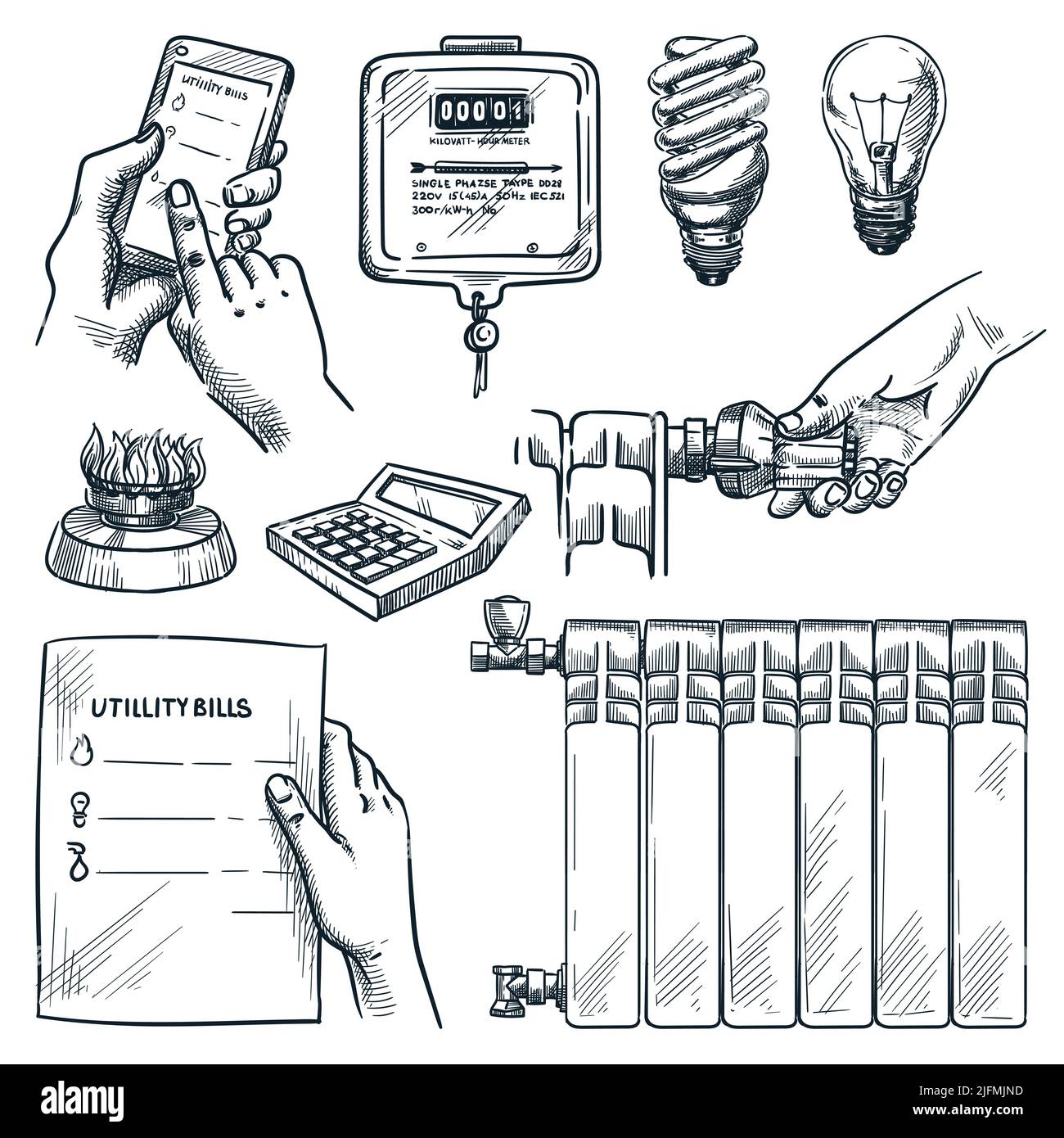 Les factures de services publics et les éléments de conception de paiement sont définis, isolés sur fond blanc. Illustration vectorielle dessinée à la main de la facture, du compteur d'électricité, de la chaleur Illustration de Vecteur