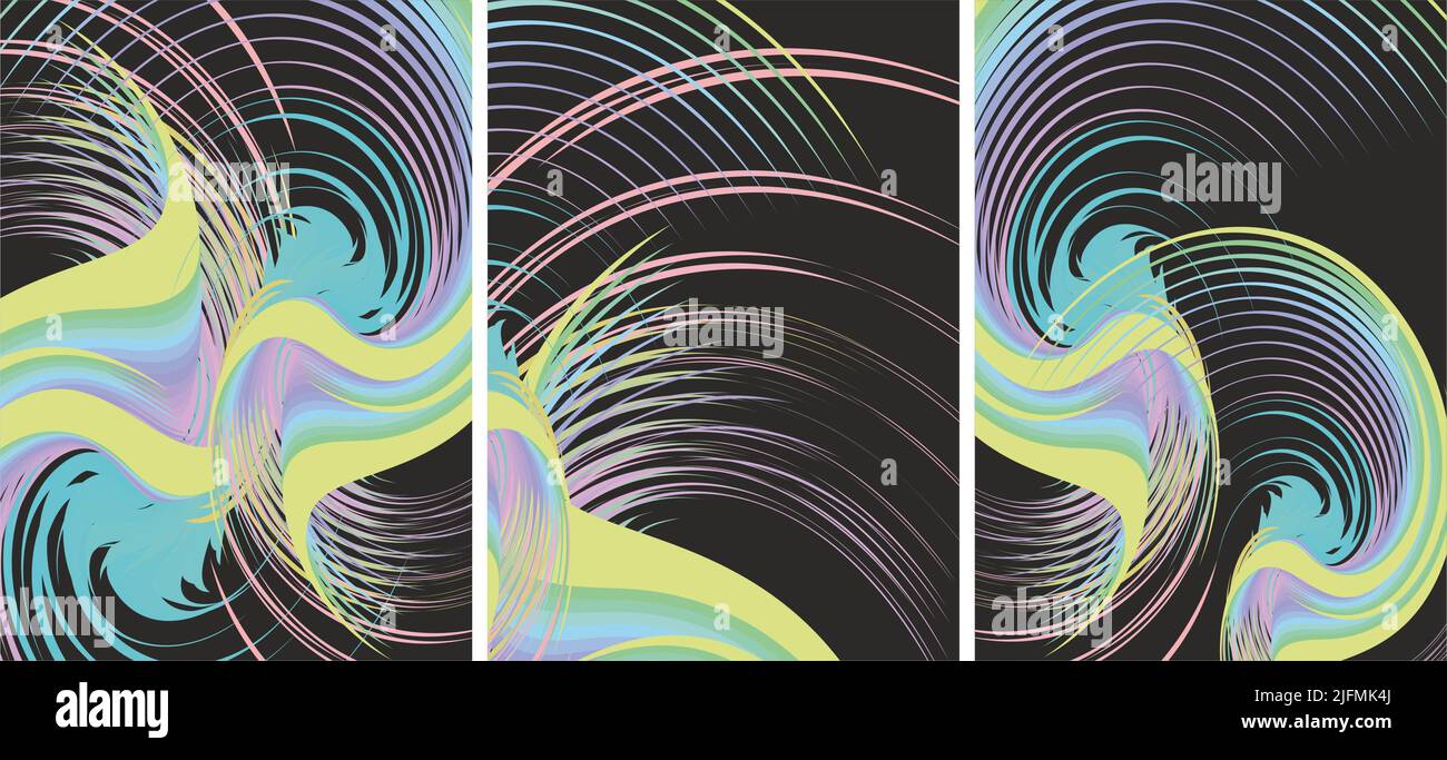 Magnifiques fonds ondulés multicolores avec éléments en spirale. Triptyque futuriste avec lignes floues sur fond noir pour affiches, tissus, textiles Banque D'Images