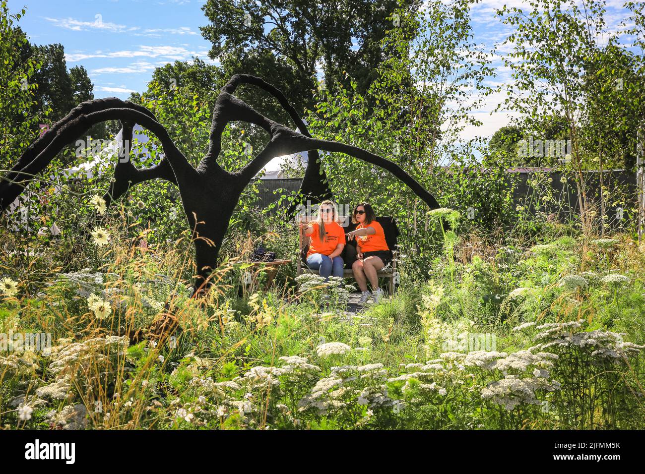 Hampton court, Londres, Royaume-Uni. 04th juillet 2022. Les bénévoles s'assoient dans le jardin « connexions » de la Société Alzheimer dans un bel espace avec des fleurs sauvages illustrant la dynamique changeante d'une famille ou d'un groupe. Aperçu de la presse au RHS Hampton court Palace Garden Festival (anciennement le Hampton court Flower Show). Credit: Imagetraceur/Alamy Live News Banque D'Images