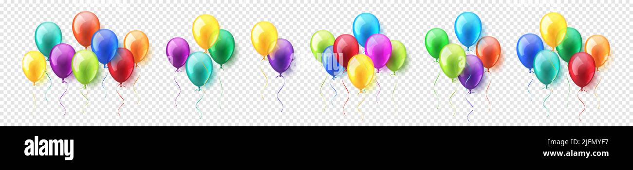 Ballons d'hélium volants colorés avec ruban. Fête d'anniversaire. Bulle brillante réaliste. Élément de design pour un mariage ou un anniversaire de mariage Illustration de Vecteur