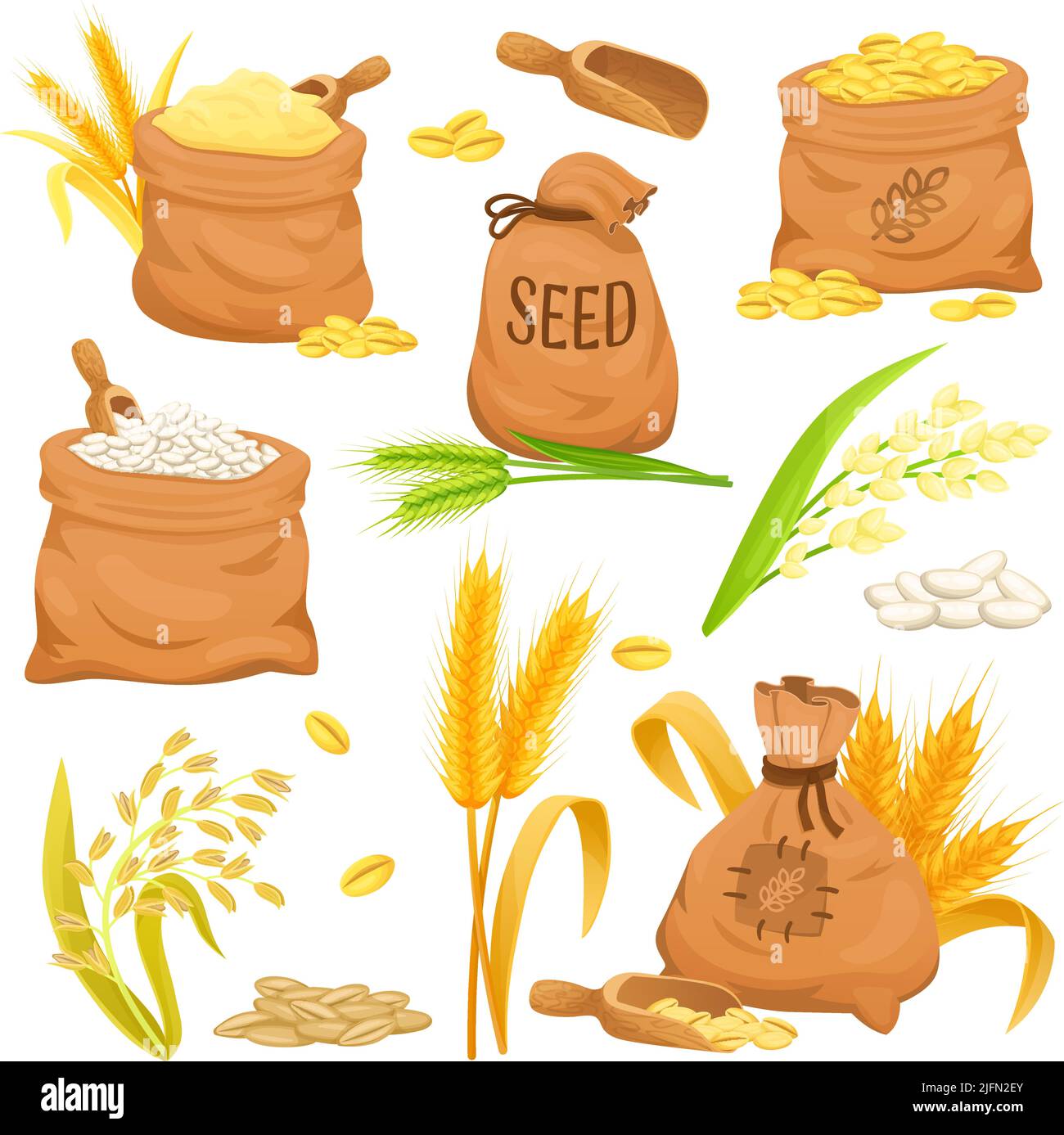 Sacs de dessin animé avec blé. Sac avec une levure en feuilles farine de plante grain d'avoine céréales riz, sac agricole récolte grains de race, sacs sacoches graines d'orge, illustration vectorielle. Sac de blé et grain d'orge Illustration de Vecteur