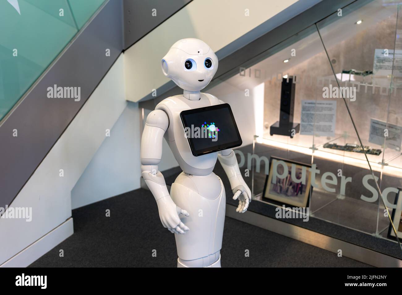 Pepper, un robot programmable semi-humanoïde capable de lire les émotions humaines, fabriqué par SoftBank Robotics, exposé à l'Université de York, York, Royaume-Uni. Banque D'Images