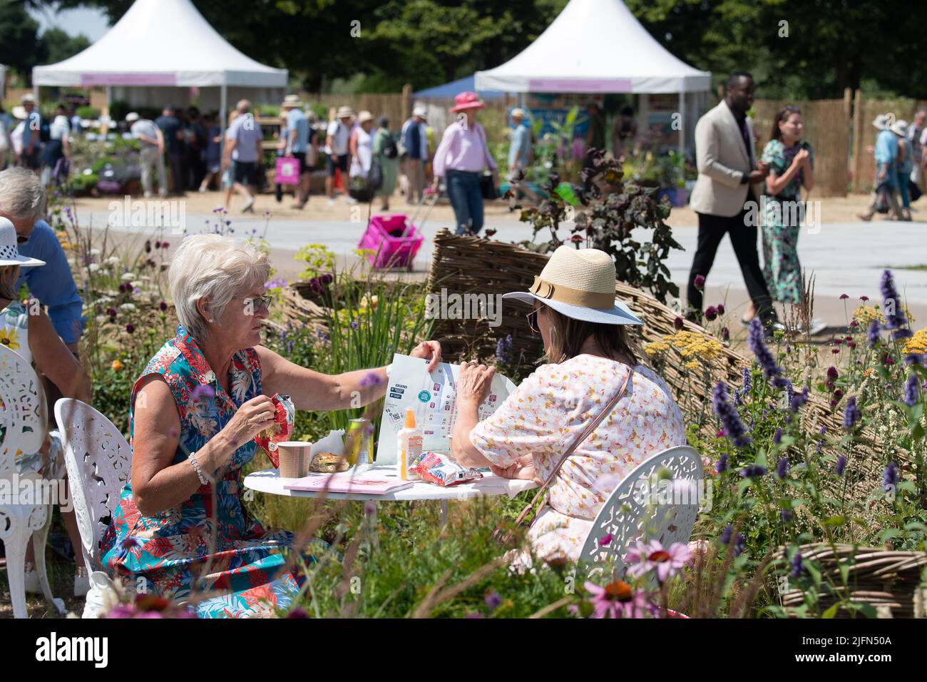 East Molesey, Surrey, Royaume-Uni. 4th juillet 2022. C'était une première journée très chargée au RHS Hampton court Palace Garden Festival car les membres ont apprécié de regarder les jardins, faire du shopping, déjeuner et s'asseoir sous le soleil. Crédit : Maureen McLean/Alay Live News Banque D'Images