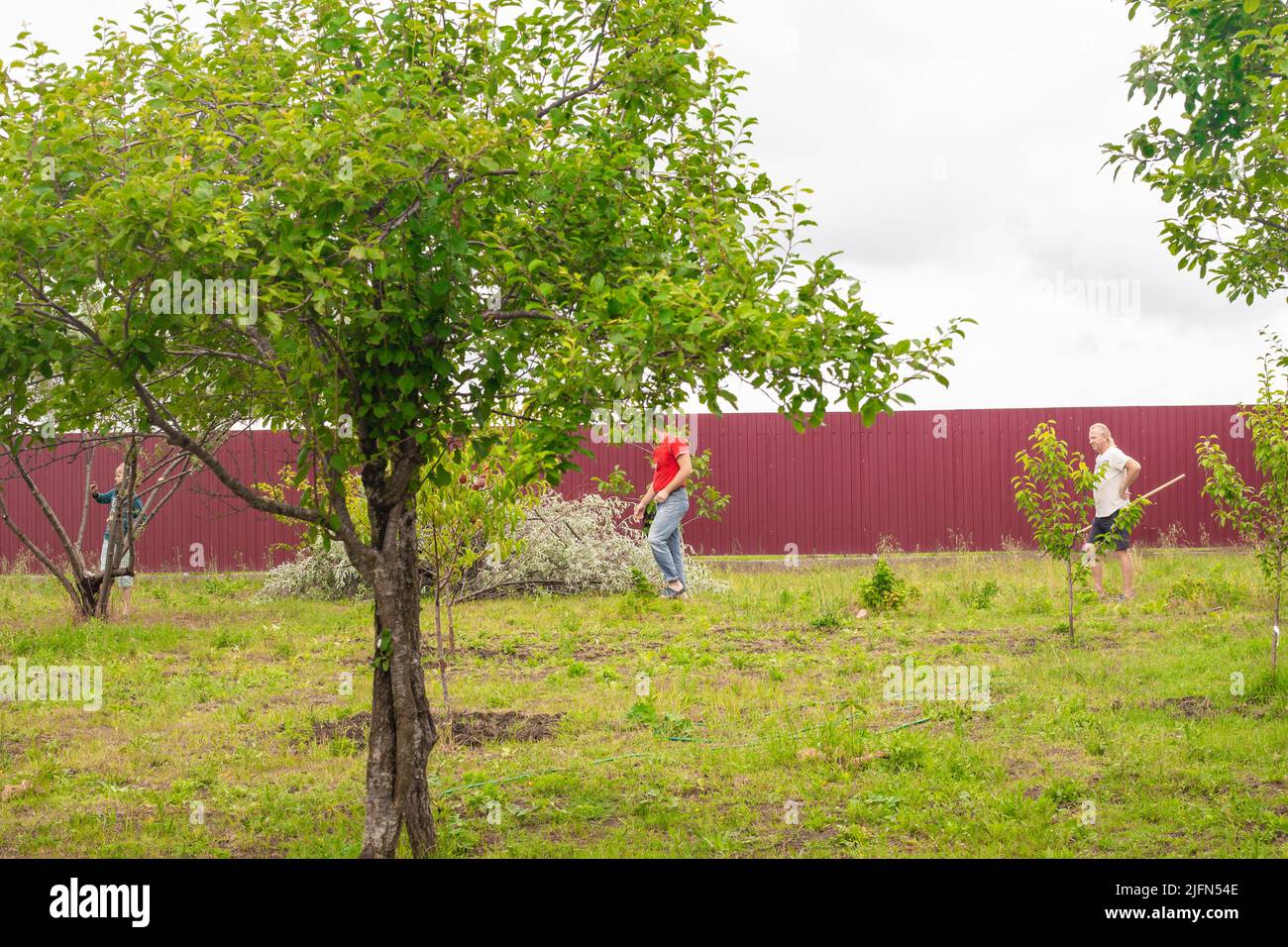 La famille travaille dans le jardin. Tailler les arbres et nettoyer la zone le jour du printemps. Banque D'Images