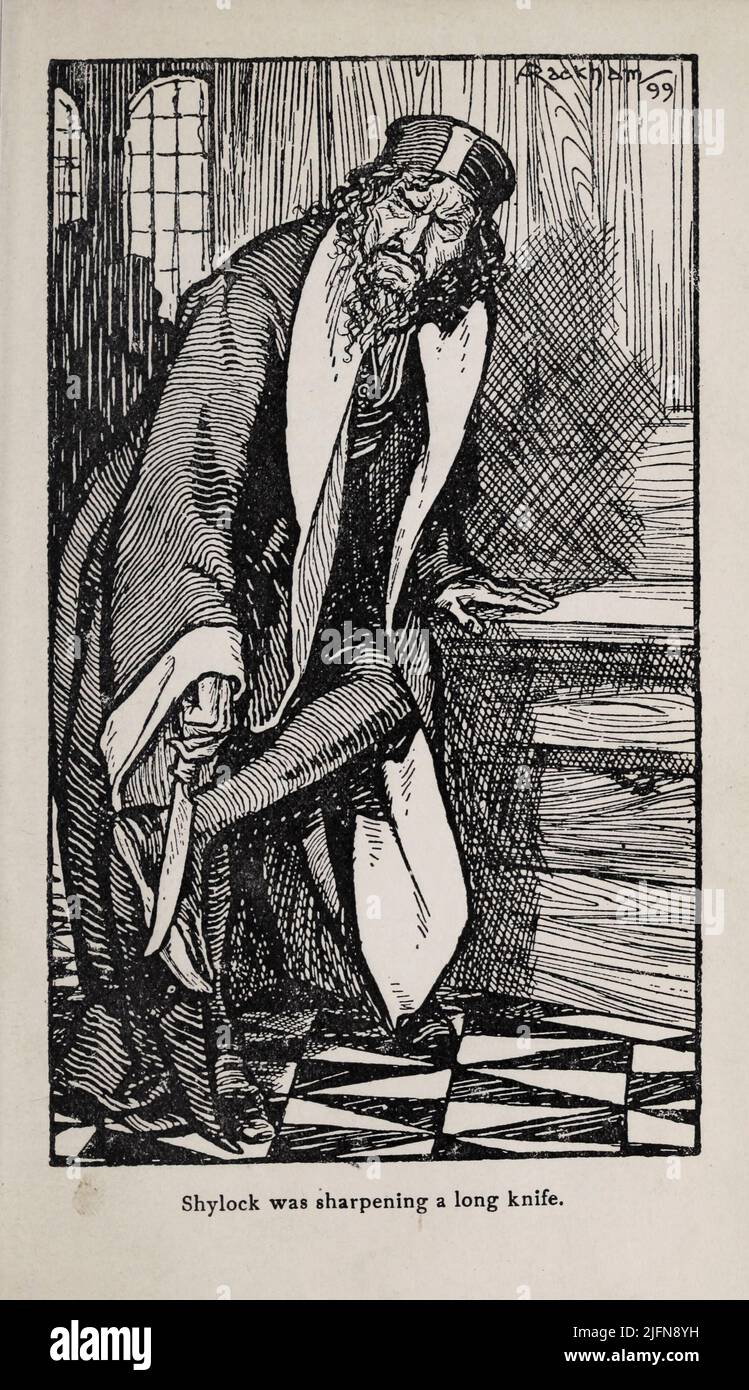 Shylock aiguise un long couteau engravant de ' The Merchant of Venice ' avec la représentation du livre ' Tales from Shakespeare ' par Charles et Mary Lamb, illustré par Arthur Rackham, Date de publication 1908 Editeur Londres : J.M. Dent & Co. ; New York : E.P. Dutton & Co Banque D'Images