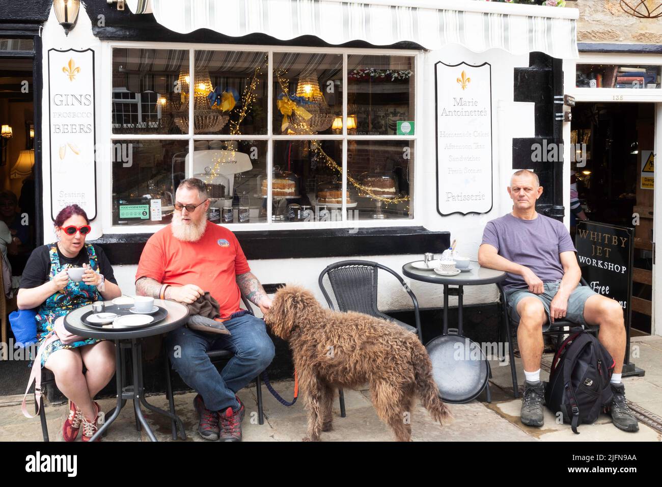 Des arbres et un chien brun qui déguste des rafraîchissements à l'extérieur du café Bistro Patisserie Marie-Antoinette dans Church Street Whitby North Yorkshire England Banque D'Images