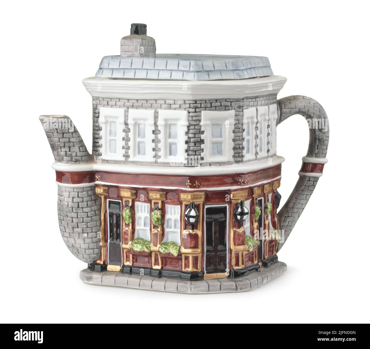 Ancienne théière décorative en céramique anglaise isolée sur blanc Banque D'Images