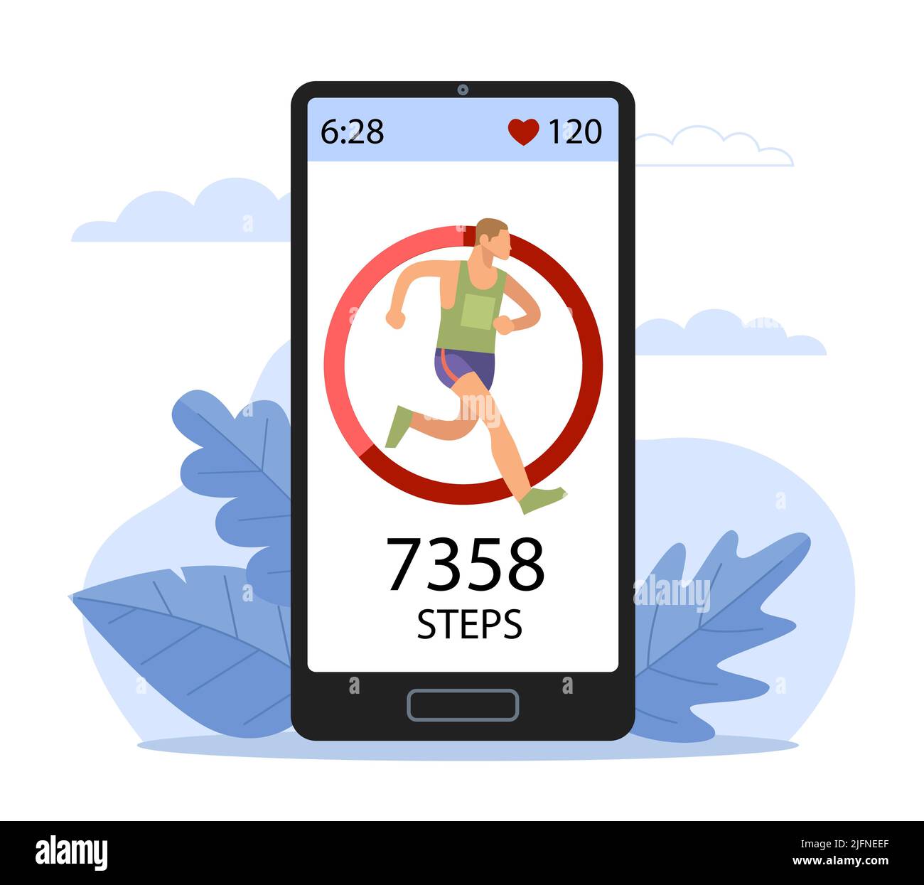 Tracker sportif. Appareil de surveillance de la fréquence cardiaque, compteur de pas, pas de pas quotidiens, homme en course sur l'écran d'un smartphone, conception d'application. Fitness Illustration de Vecteur