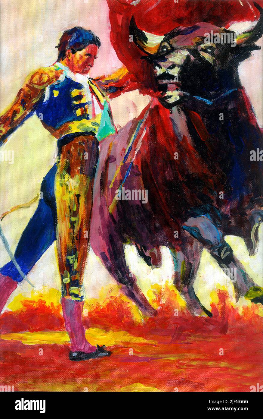 Une peinture colorée d'un taureau et d'un corrida Banque D'Images