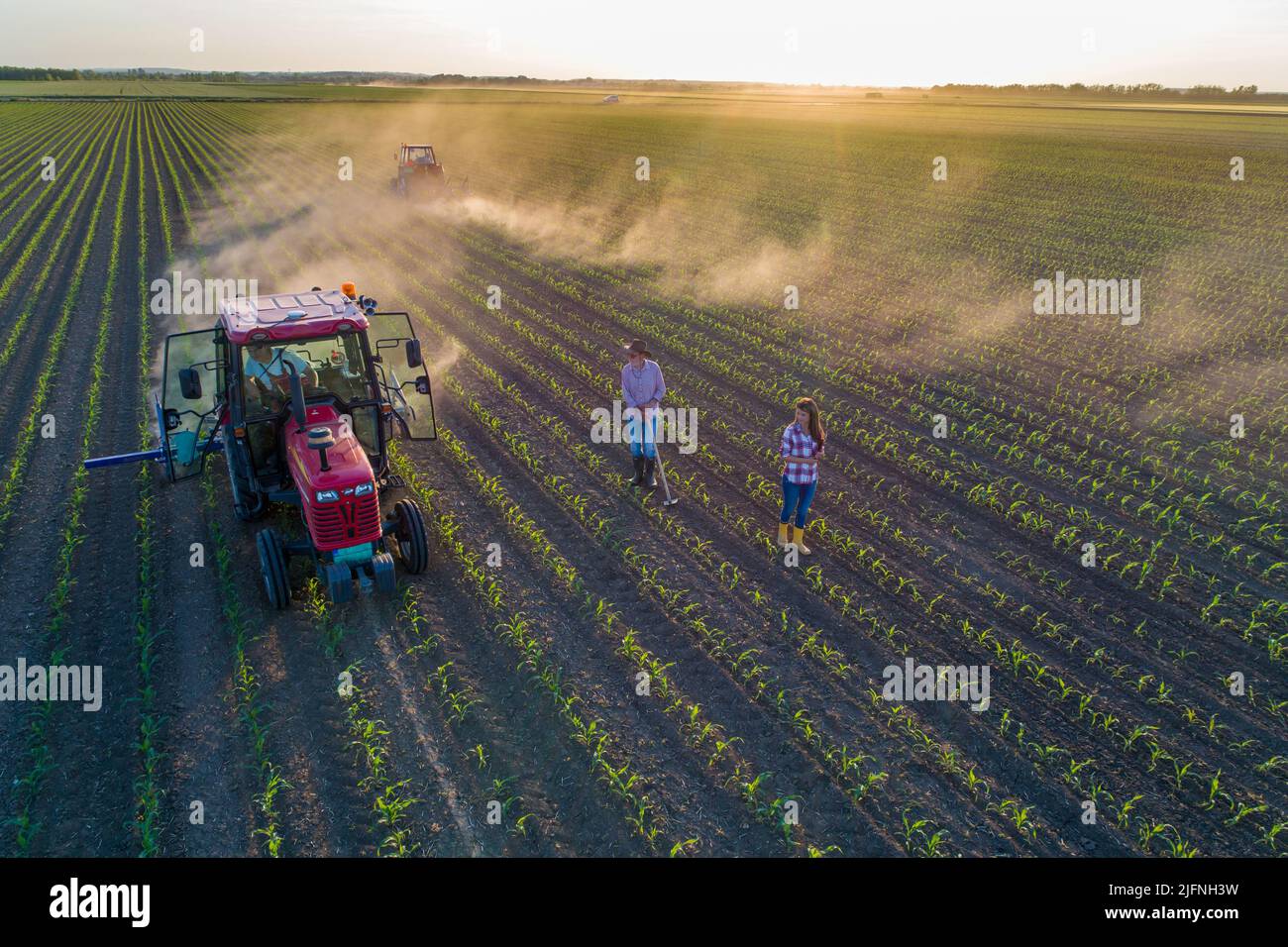 Image aérienne d'un agriculteur senior debout dans un champ de maïs et d'une femme d'affaires qui surveille pendant que le tracteur hale du sol, pousse à partir d'un drone Banque D'Images