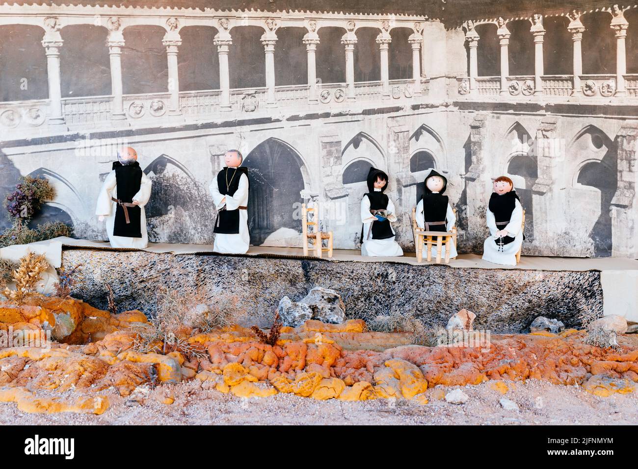 Représentation à l'échelle de la vie monastique. Le monastère de Santa María de Huerta est un monastère cistercien situé à Santa María de Huerta, province de Sari Banque D'Images