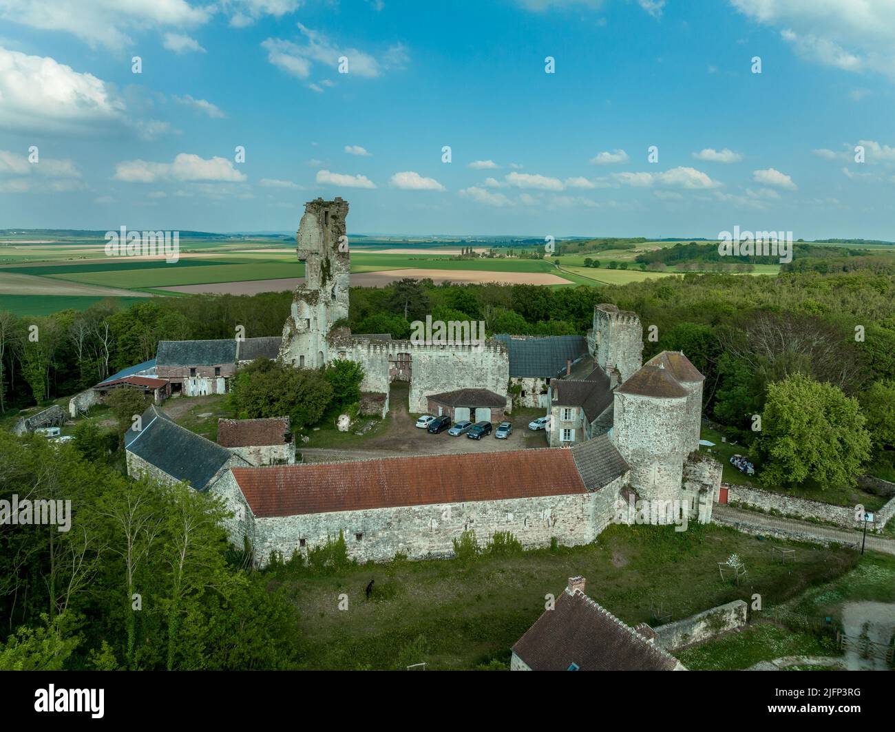 L'entrée du château de Montepilloy protégée par deux tours semi-circulaires en France souffla à moitié de la vue aérienne du donjon médiéval Banque D'Images