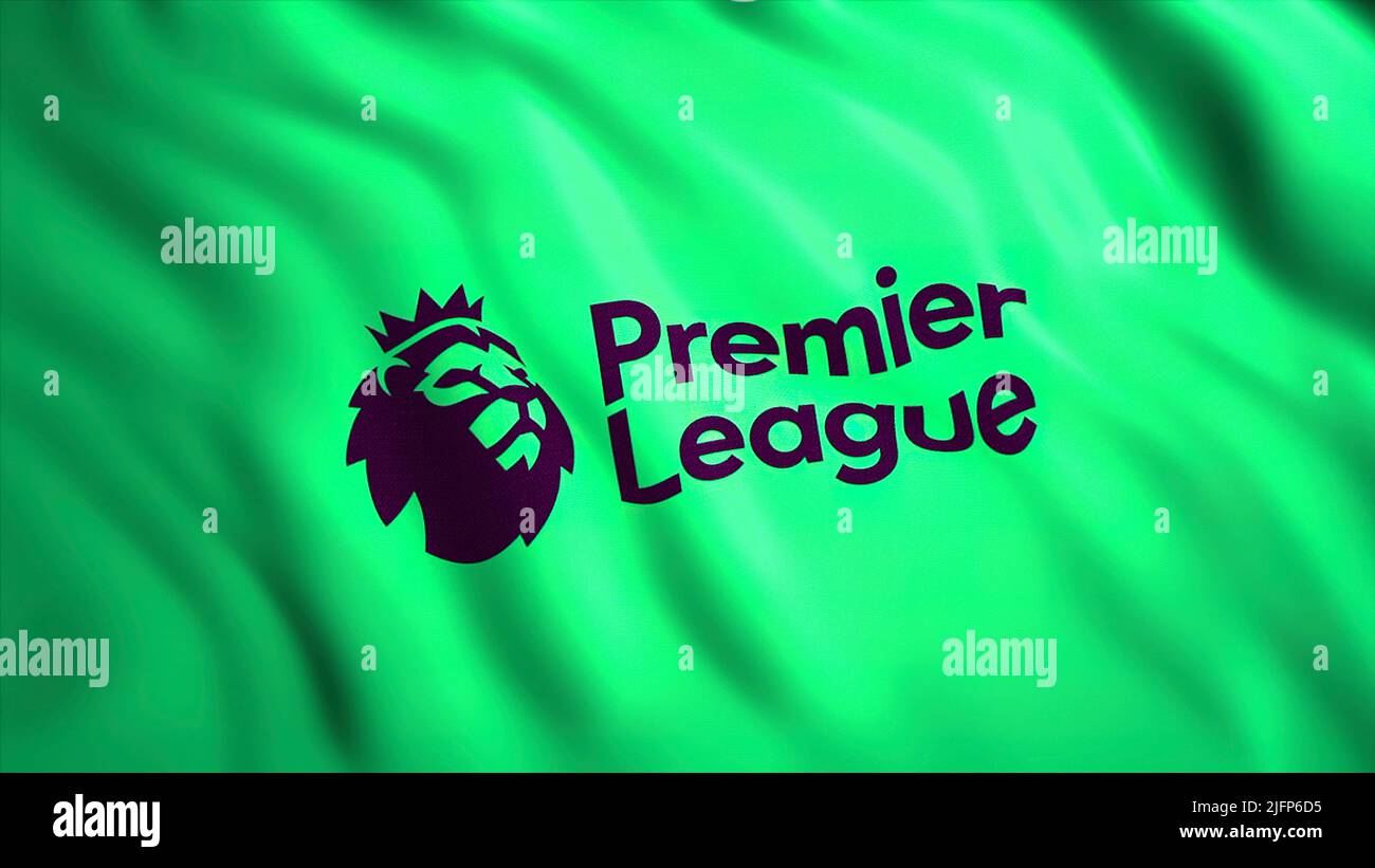 Animation avec drapeau haut en couleur de la Premier League. Mouvement. Drapeau de 3D orné de l'emblème de la Premier Soccer League. Championnat d'Angleterre de football de la Premier League Banque D'Images