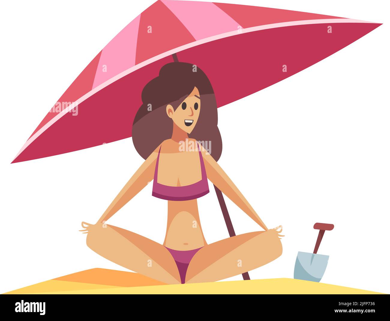 Bonne femme en maillot de bain assis sur une plage de sable sous un parapluie illustration vectorielle plate Illustration de Vecteur